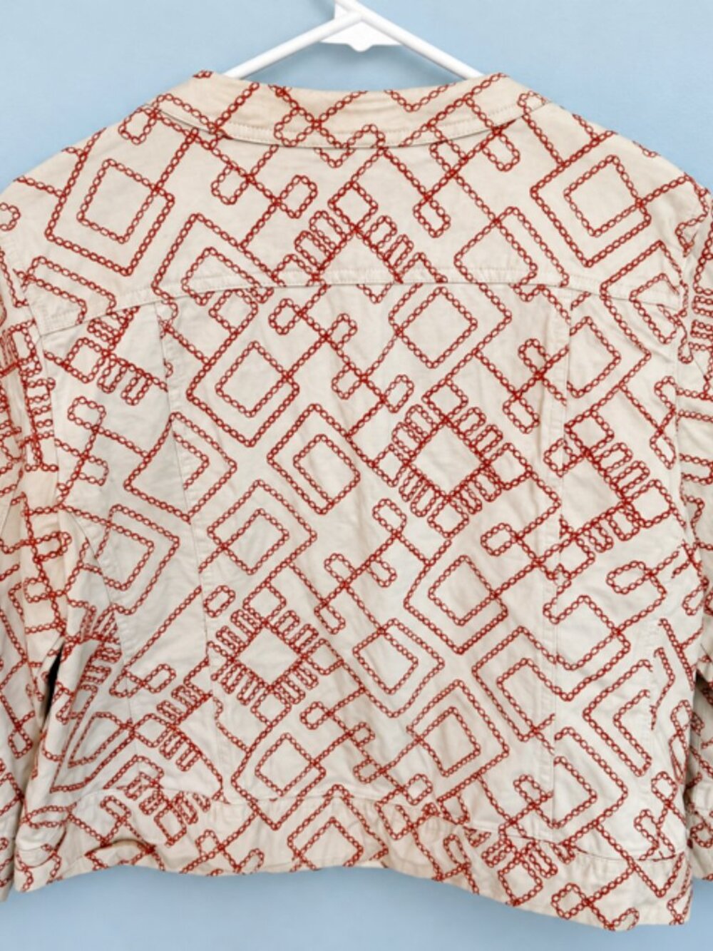 Ruby Rd Petite 12P Cream and Red Chain Print Button Front Jacket - Picture 2 of 4